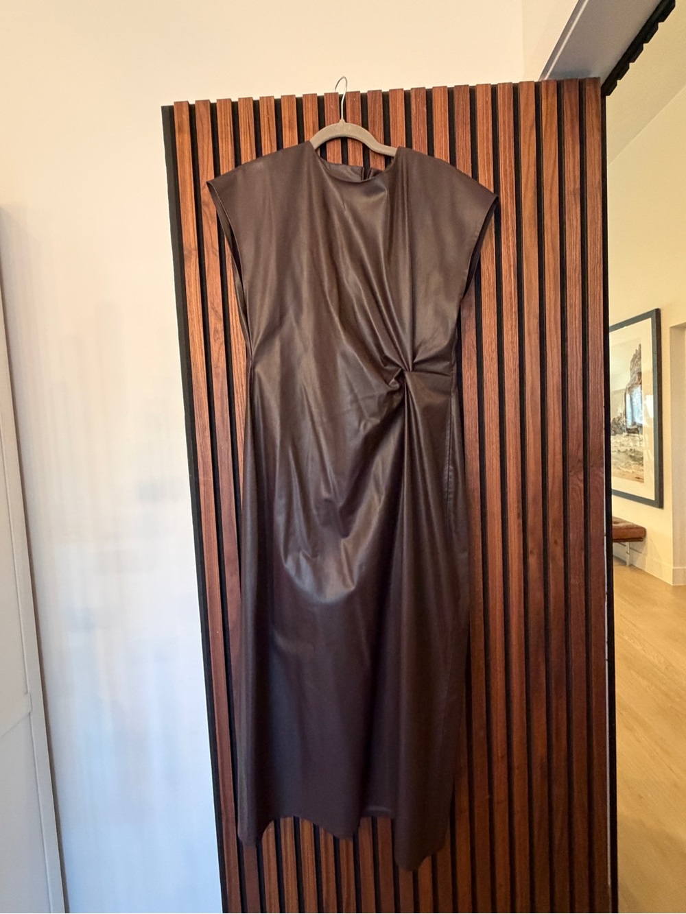 Zara Chocolate Brown Faux-Leather Midi Dress with Twist Detail